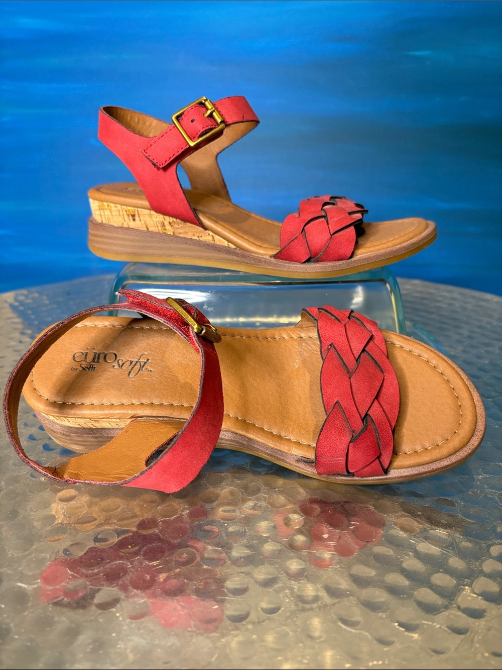 EuroSoft McKaila Red Braided Ankle-Strap Wedge Sandal with Cork
